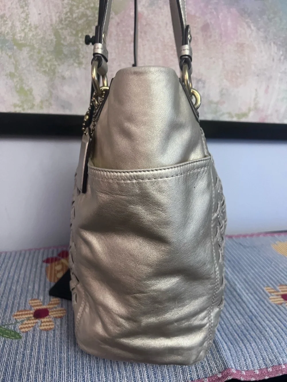 COACH North South Woven Metallic Gold Leather Shoulder Bag